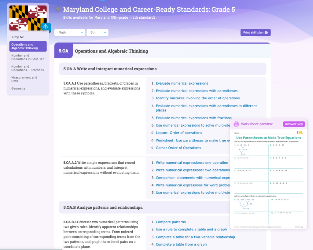 The IXL state standards skill plan for Maryland College and Career-Ready Standards, Grade 5. AMong the resources listed for writing and interpreting numerical expressions is a worksheet on using parentheses to make true equations. Hovering over the worksheet link shows a preview of the worksheet.